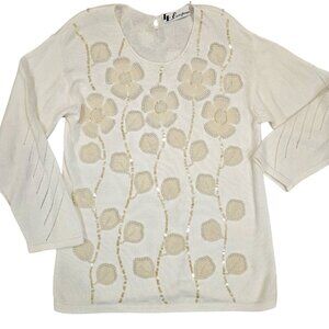 VTG‎ Womens Cream Sweater Beaded Floral Sequins Pearl Cottagecore 80s 90s Sz L